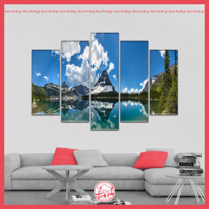 Πεντάπτυχος πίνακας σε καμβά με λίμνη και χιονισμένα βουνά